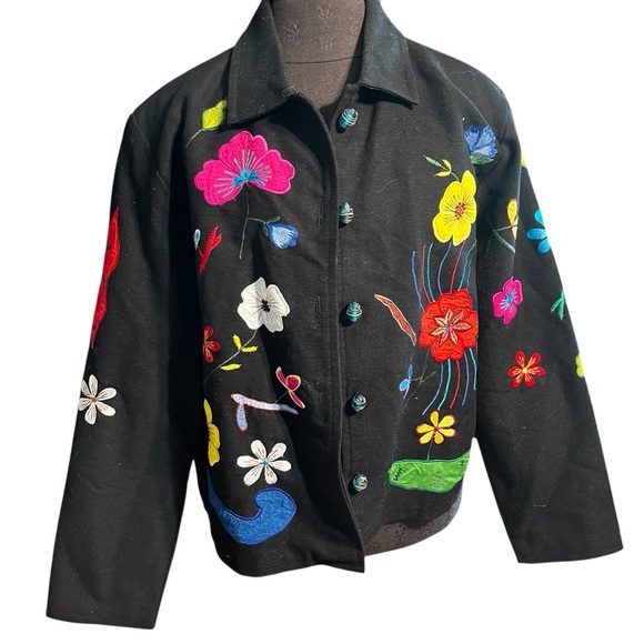 puffin island Jackets & Blazers - Vintage Puffin Island Sportswear Embroidered Floral Jacket Art Glass Buttons L
